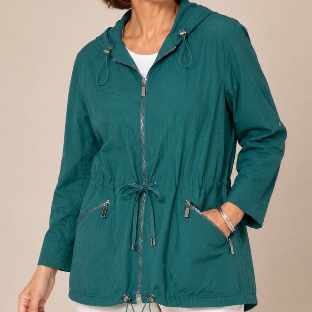 CHICOS | Teal‎ Windbreaker Hooded Utility Anorak Jacket Zip Front | Size 2 (12)